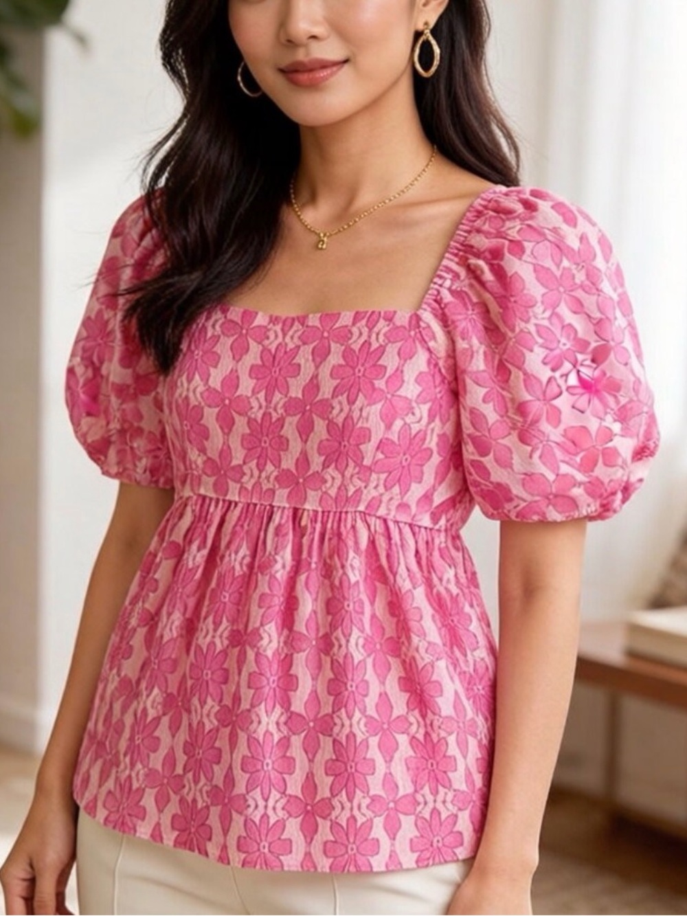 Entro Pink Floral Puff-Sleeve Top